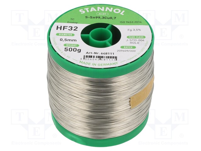 Soldering wire; Sn99Cu1; 500um; 0.5kg; lead free; Package: reel