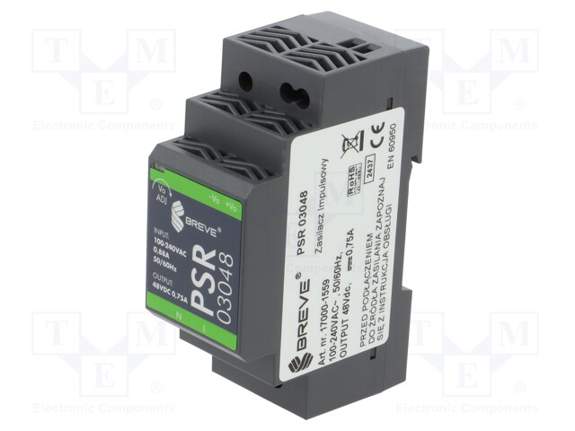 Power supply: switched-mode; for DIN rail; 36W; 48VDC; 750mA; IP20