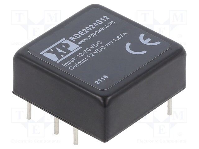 Isolated Board Mount DC/DC Converter, Railway, 1 Output, 20 W, 12 V, 1.67 A