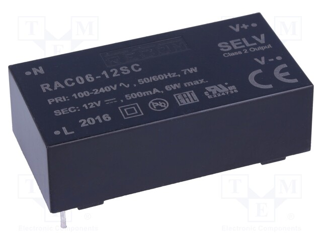 Converter: AC/DC; 6W; Uout: 12VDC; Iout: 500mA; 78%; Mounting: PCB