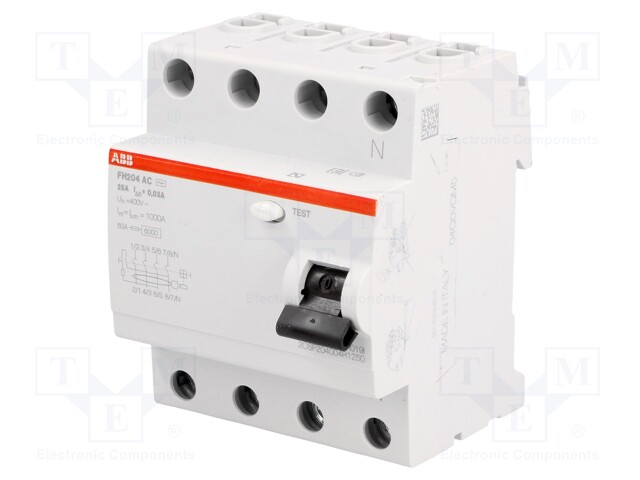 RCD breaker; Inom: 25A; Ires: 30mA; Max surge current: 250A; IP20