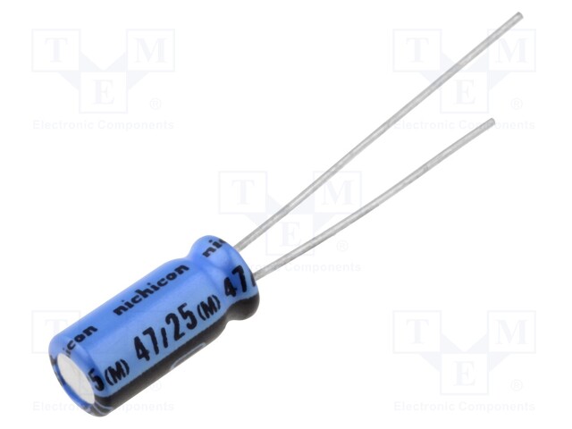 Capacitor: electrolytic; THT; 47uF; 25VDC; Ø5x11mm; Pitch: 2mm; ±20%