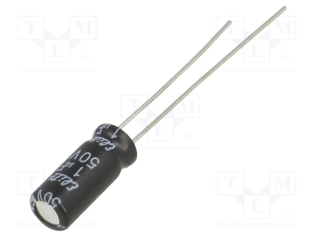 Capacitor: electrolytic; THT; 1uF; 50VDC; Ø5x11mm; Pitch: 2mm; ±20%