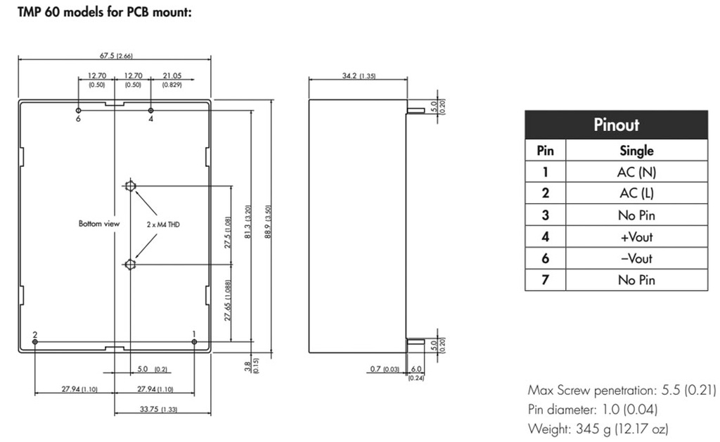 Converter: AC/DC; 60W; Uout: 48VDC; Iout: 1.25A; 84%; Mounting: PCB