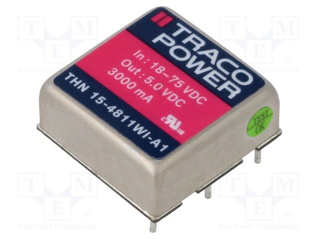 Converter: DC/DC; 15W; Uin: 18÷75V; 5VDC; Iout: 3000mA; 1"x1"; 15g