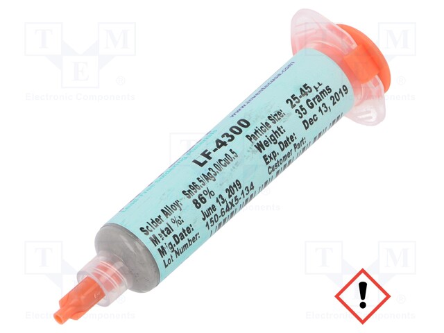 Paste; Sn96,5Ag3Cu0,5; lead free; syringe; 25÷45um; 35g; 217°C; 13%