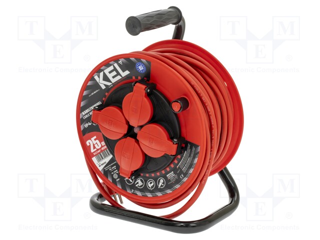 Extension lead; reel; Sockets: 4; rubber; red; 3x1,5mm2; 25m; 16A