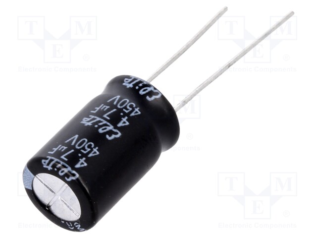 Capacitor: electrolytic; THT; 4.7uF; 450VDC; Ø10x16mm; Pitch: 5mm