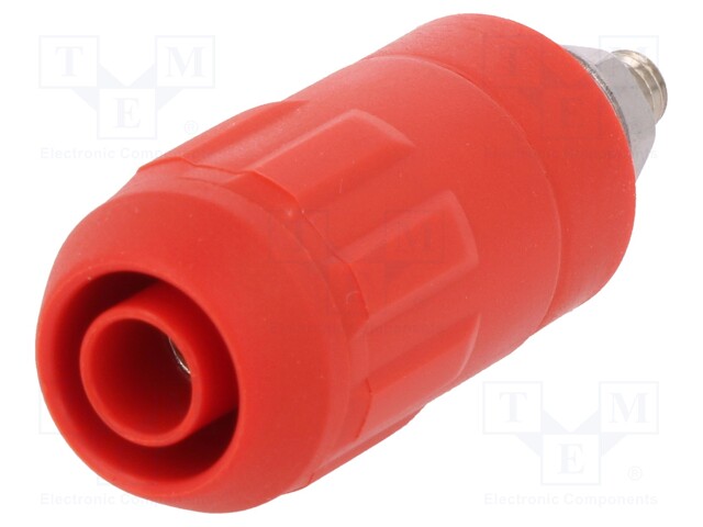 Socket; 4mm banana; 20A; red; screw; insulated