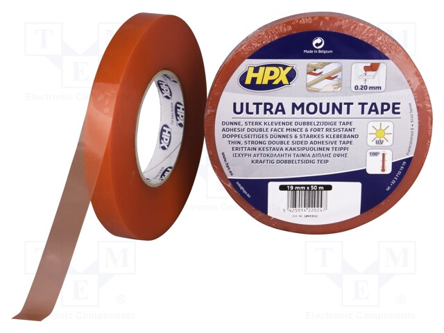 Tape: fixing; W: 19mm; L: 50m; D: 0.2mm; V: double-sided; transparent