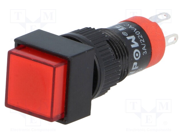 Switch: push-button; Pos: 2; SPDT; 0.5A/250VAC; 1A/24VDC; red; red