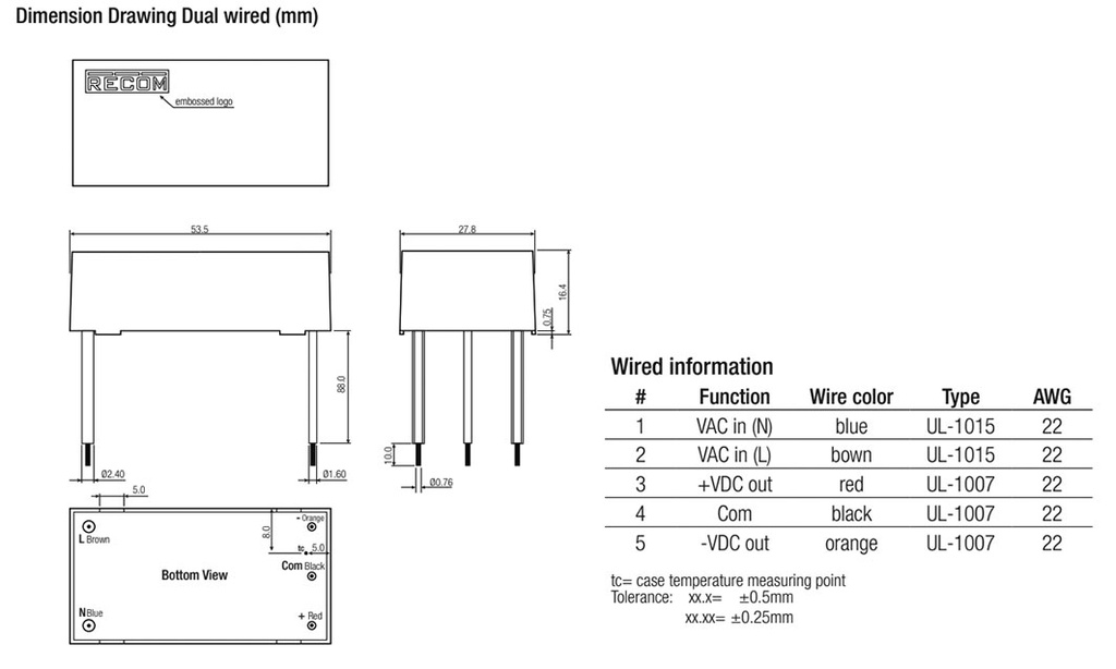 Converter: AC/DC; 5W; Uout: 5VDC; Iout: 500mA; 73%; Mounting: cables