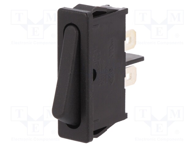 ROCKER; SPST; Pos: 2; OFF-ON; 6A/250VAC; black; IP40; none; 100mΩ