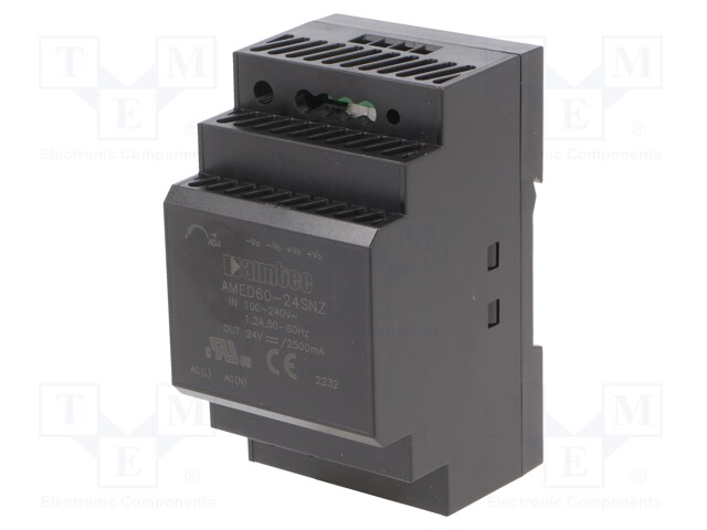 Power supply: switched-mode; 60W; 85÷264VAC; 24VDC; Iout: 2.5A; 90%