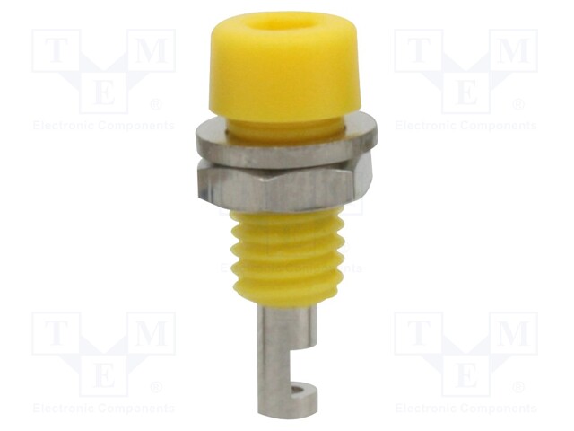 Socket; 2mm banana; 10A; yellow; nickel plated; on panel,screw