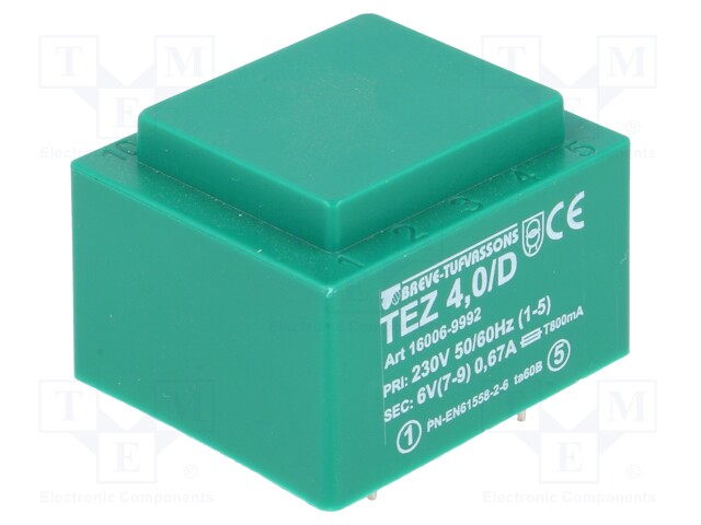 Transformer: encapsulated; 4VA; 230VAC; 6V; 666.6mA; Mounting: PCB