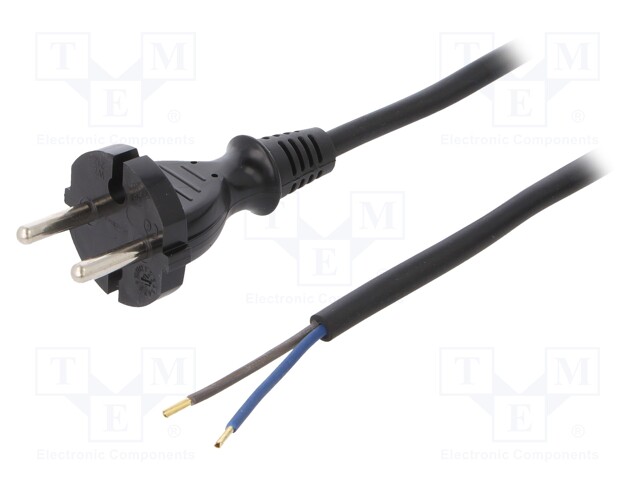 Cable; CEE 7/17 (C) plug,wires; 3m; black; rubber; 2x1mm2; 16A