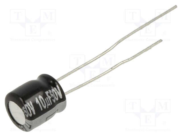 Capacitor: electrolytic; THT; 10uF; 50VDC; Ø6.3x7mm; Pitch: 2.5mm