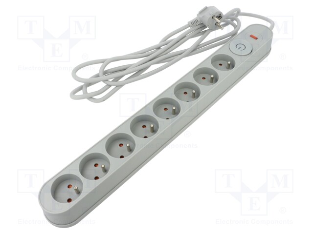 Plug socket strip: protective; Sockets: 8; 230VAC; 10A; grey; 3m