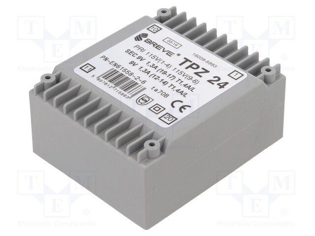 Transformer: mains; 24VA; 115VAC; 9V; 9V; Mounting: PCB; IP00