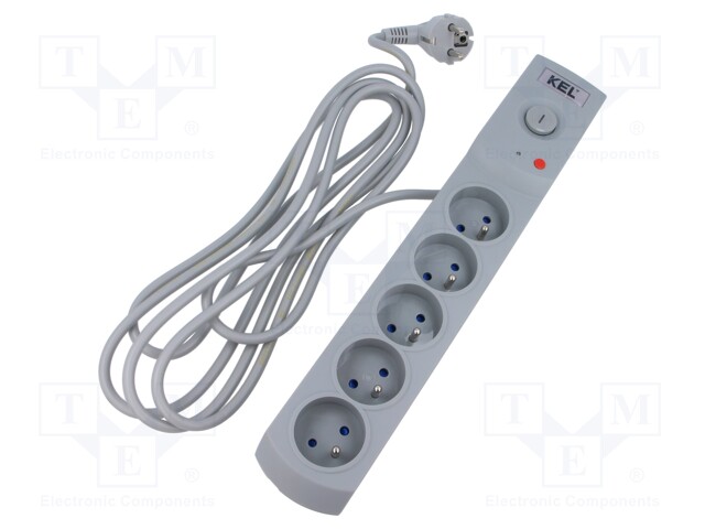 Plug socket strip: protective; Sockets: 5; 230VAC; 10A; grey; 3m