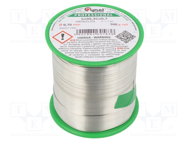 Soldering wire; Sn99,3Cu0,7; 0.7mm; 500g; lead free; Package: reel