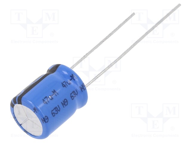 Capacitor: electrolytic; THT; 47uF; 63VDC; Ø10x12mm; Pitch: 5mm