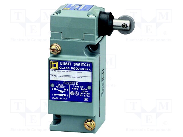 Limit Switch, Side Roller Plunger, SPDT-1NO, SPDT-NC, 10 A, 600 V, 4 lbf