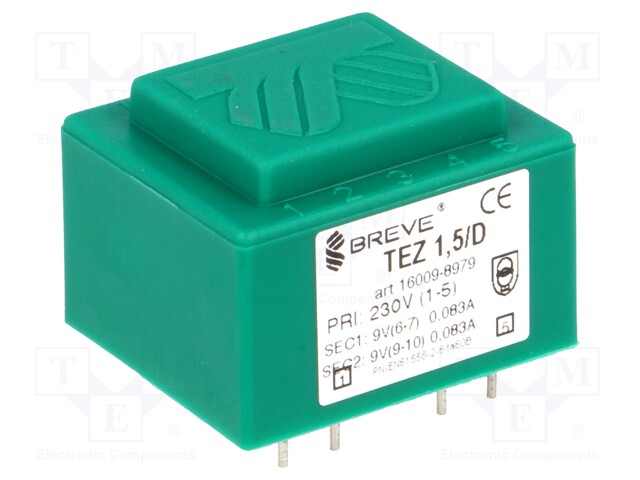 Transformer: encapsulated; 1.5VA; 230VAC; 9V; 9V; 8.3mA; 83.3mA