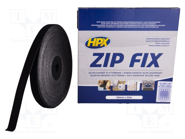 Tape: velcro; W: 20mm; L: 25m; D: 2.1mm; synthetic rubber; black