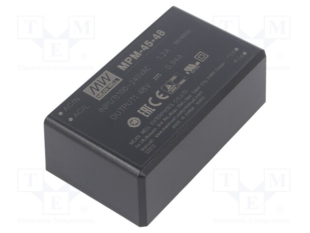 Power supply: switched-mode; modular; 45W; 48VDC; 87x52x29.5mm
