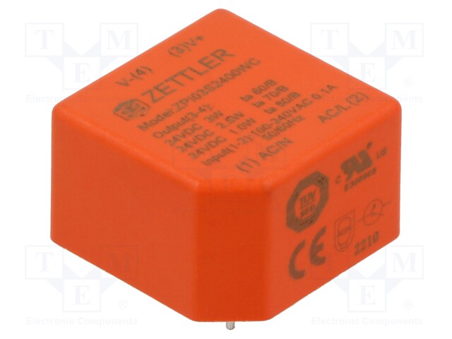 Converter: AC/DC; 3W; 90÷264VAC; Usup: 100÷370VDC; Uout: 24VDC; 65%