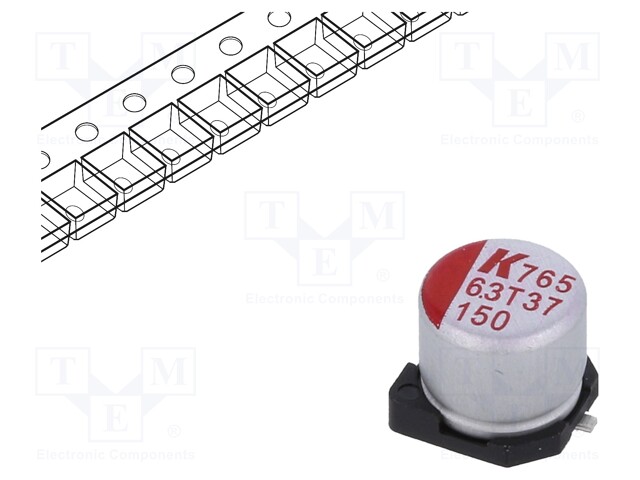 Polymer Aluminium Electrolytic Capacitor, 150 µF, 6.3 V, Radial Can - SMD, A765 Series, 0.02 ohm