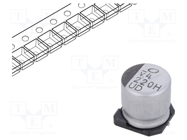 SMD Aluminium Electrolytic Capacitor, Radial Can - SMD, 220 µF, 50 V, UD Series, 5000 hours @ 105°C