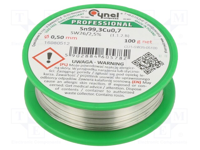 Soldering wire; Sn99,3Cu0,7; 0.5mm; 100g; lead free; Package: reel