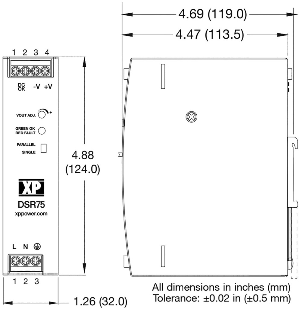 AC/DC DIN Rail Power Supply (PSU), ITE, 1 Output, 75 W, 48 V, 1.6 A