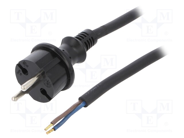 Cable; CEE 7/17 (C) plug,wires; 2m; black; rubber; 2x1,5mm2; 16A