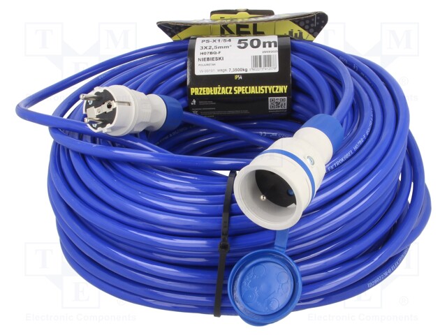 Extension lead; Sockets: 1; PUR; blue; 3x2,5mm2; 50m; 16A