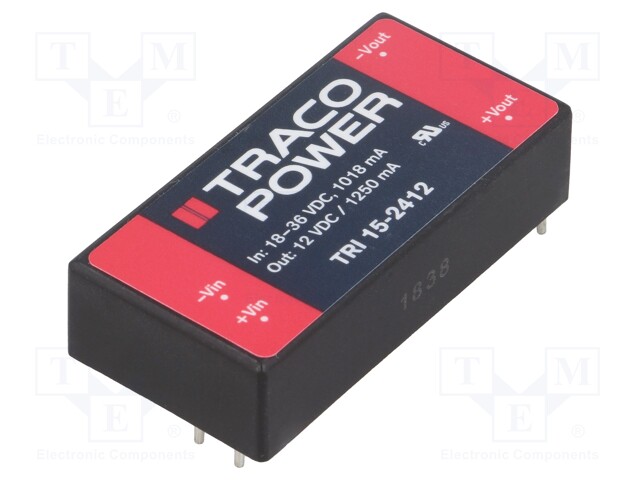 Converter: DC/DC; 15W; Uin: 18÷36V; Uout: 12VDC; Iout: 1.25A; 2"x1"