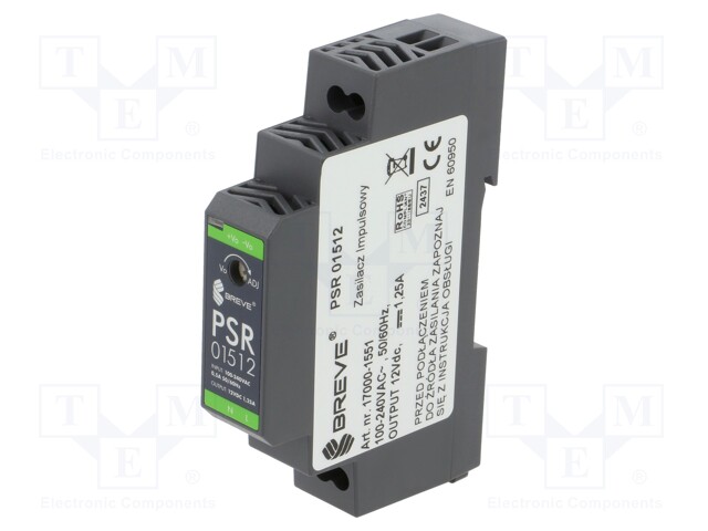 Power supply: switched-mode; for DIN rail; 15W; 12VDC; 1.25A; IP20