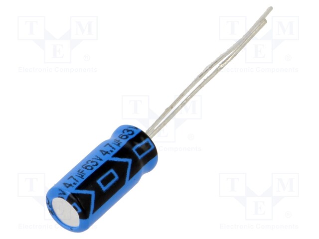 Capacitor: electrolytic; THT; 4.7uF; 63VDC; Pitch: 2mm; ±20%; 2000h