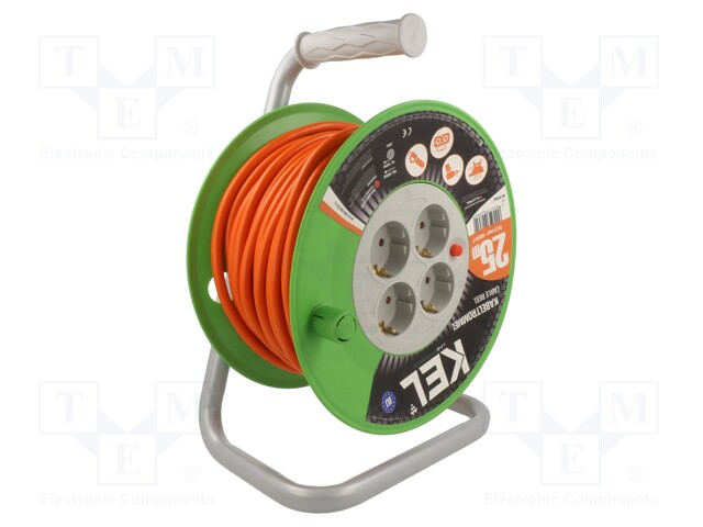 Extension lead; reel; Sockets: 4; PVC; orange; 3x1,5mm2; 25m; 16A