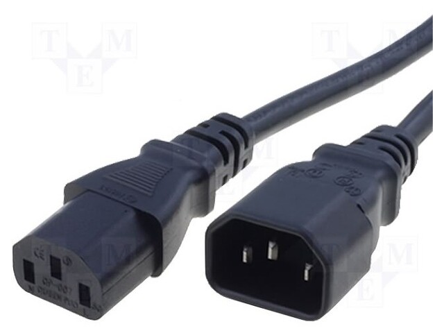 Cable; IEC C13 female,IEC C14 male; 2m; black; PVC; 3x1mm2; 10A