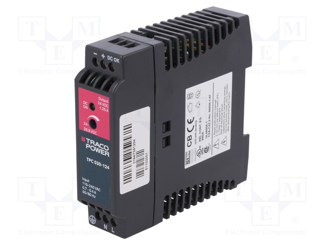 Power supply: switched-mode; 30W; 24VDC; 24÷28.8VDC; 1.25A; 160g