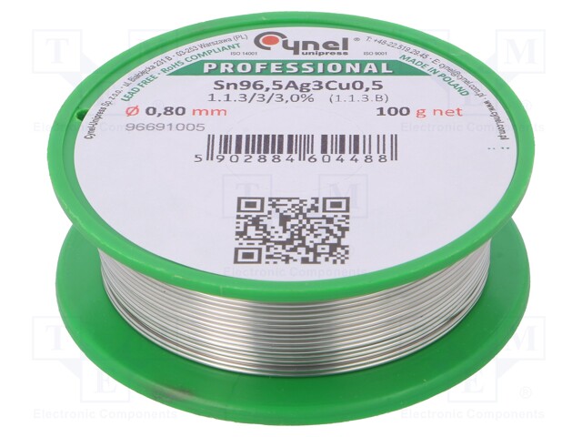 Soldering wire; Sn96,5Ag3Cu0,5; 0.8mm; 100g; lead free; 217÷219°C