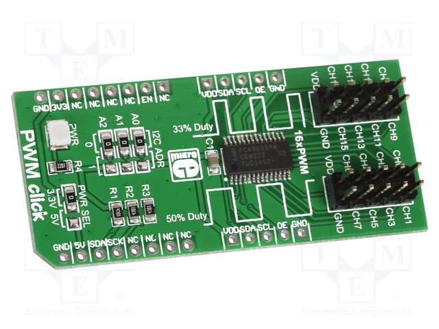 Click board; PWM controller; I2C; PCA9685PW; mikroBUS connector