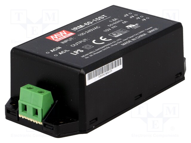 Power supply: switched-mode; modular; 60W; 15VDC; 109x52x33.5mm