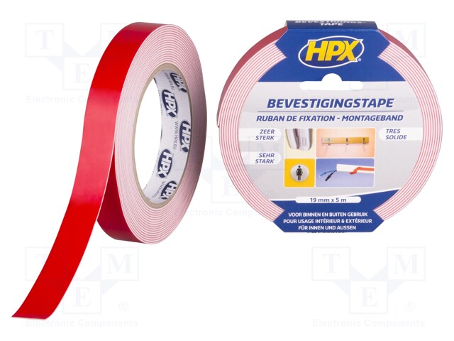 Tape: fixing; W: 19mm; L: 5m; D: 1.1mm; V: double-sided; acrylic; white