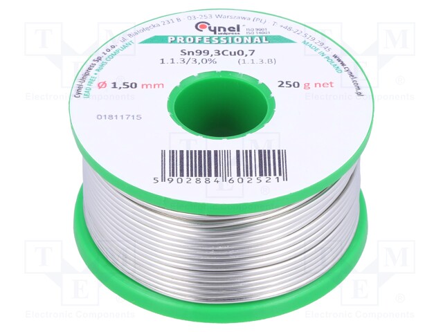 Soldering wire; Sn99,3Cu0,7; 1.5mm; 250g; lead free; Package: reel