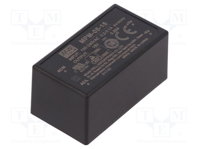 Power supply: switched-mode; modular; 5W; 15VDC; 45.7x25.4x21.5mm